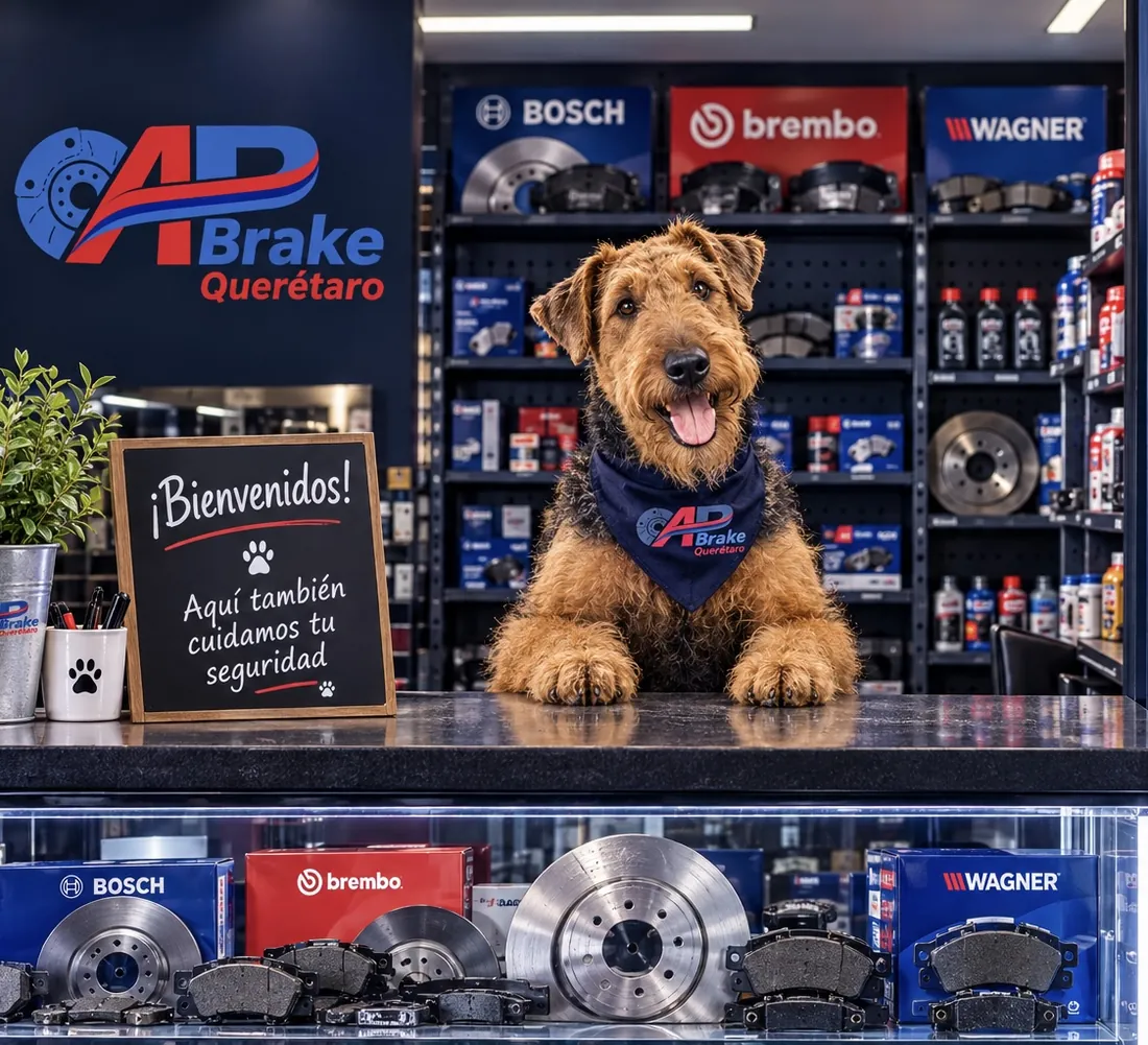 Nuestra mascota, un perro airedale con paliacate de AP Brake, en el mostrador de la tienda